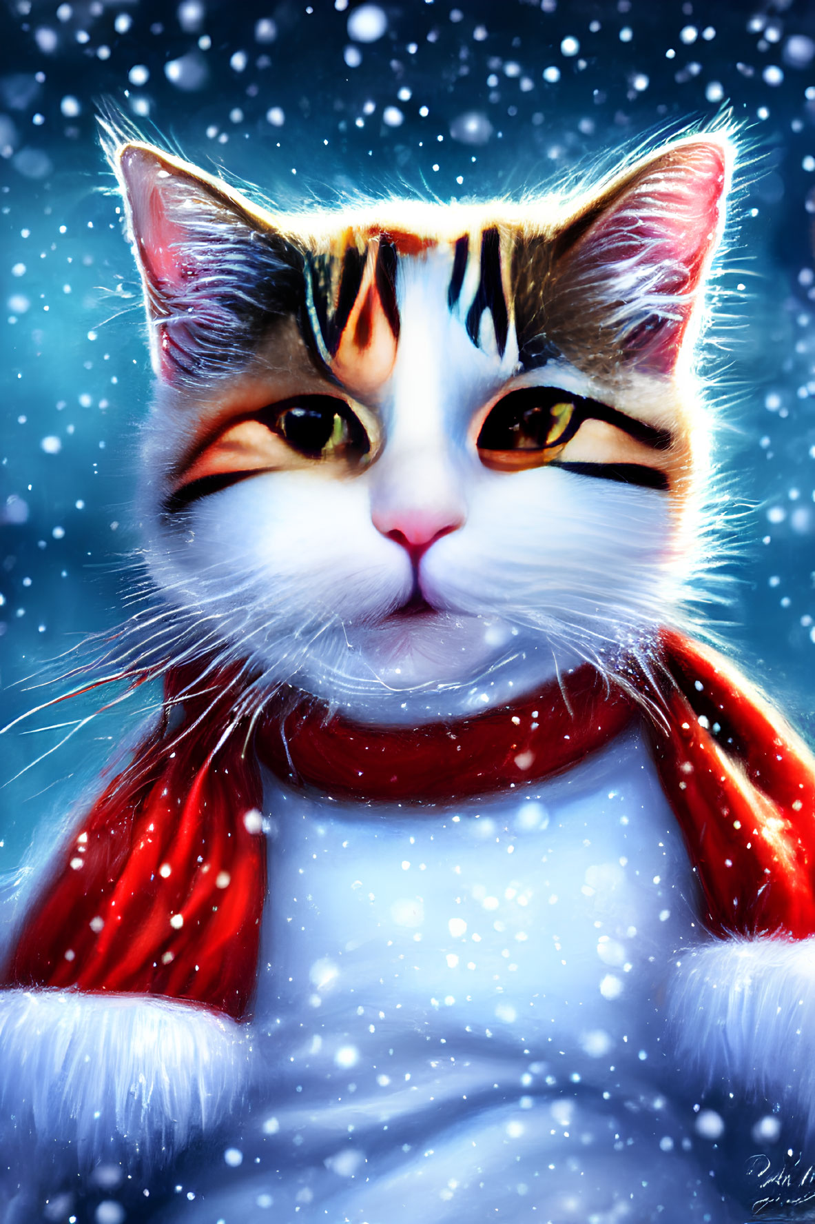 Colorful Cat Artwork: Cat with Red Scarf in Snowfall