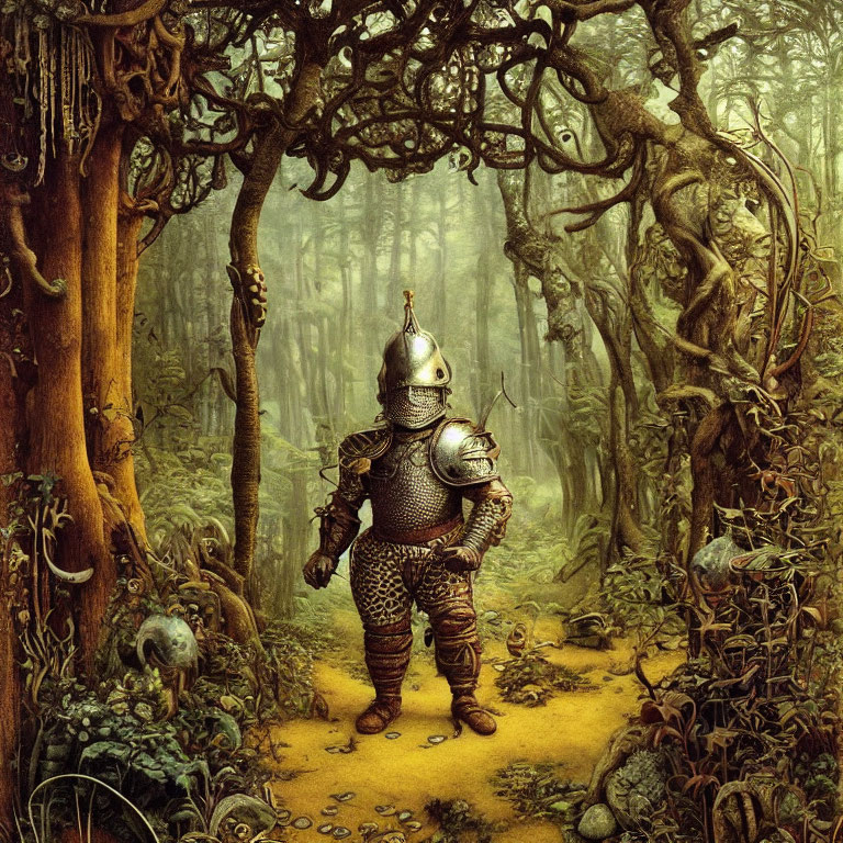 Knight in Full Armor Contemplates in Eerie Forest with Skull