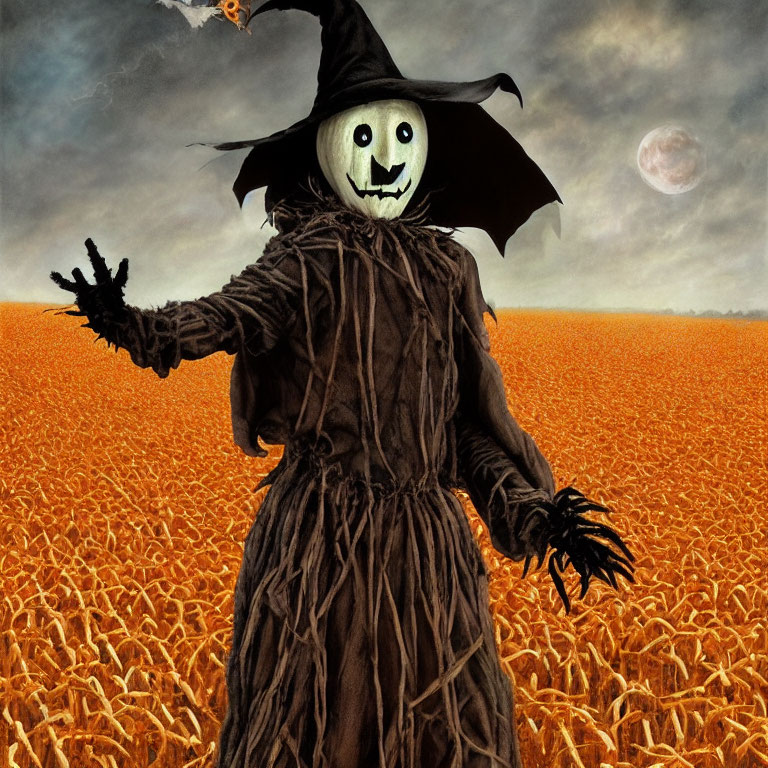 Spooky scarecrow with pumpkin head in cornfield at night