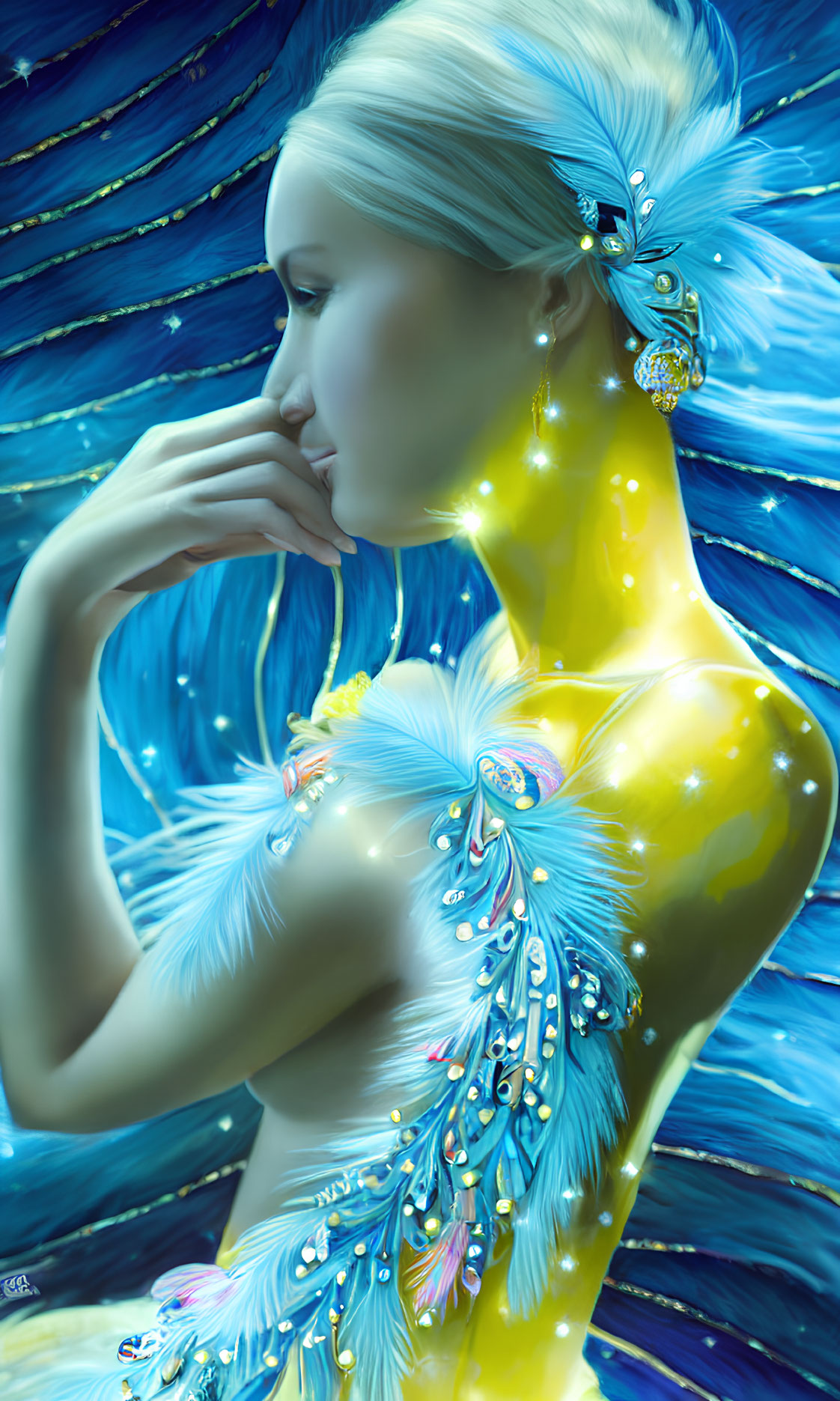 Digital artwork: Woman with luminescent blue skin and feather ornaments on swirling blue background