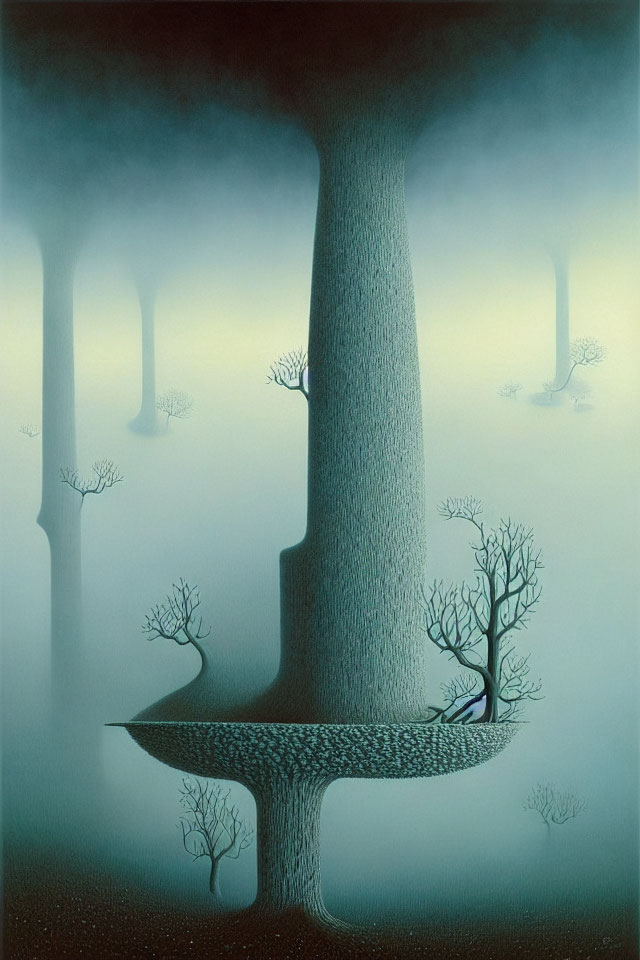 Surreal forest painting with oversized trees and circular cut-out feature