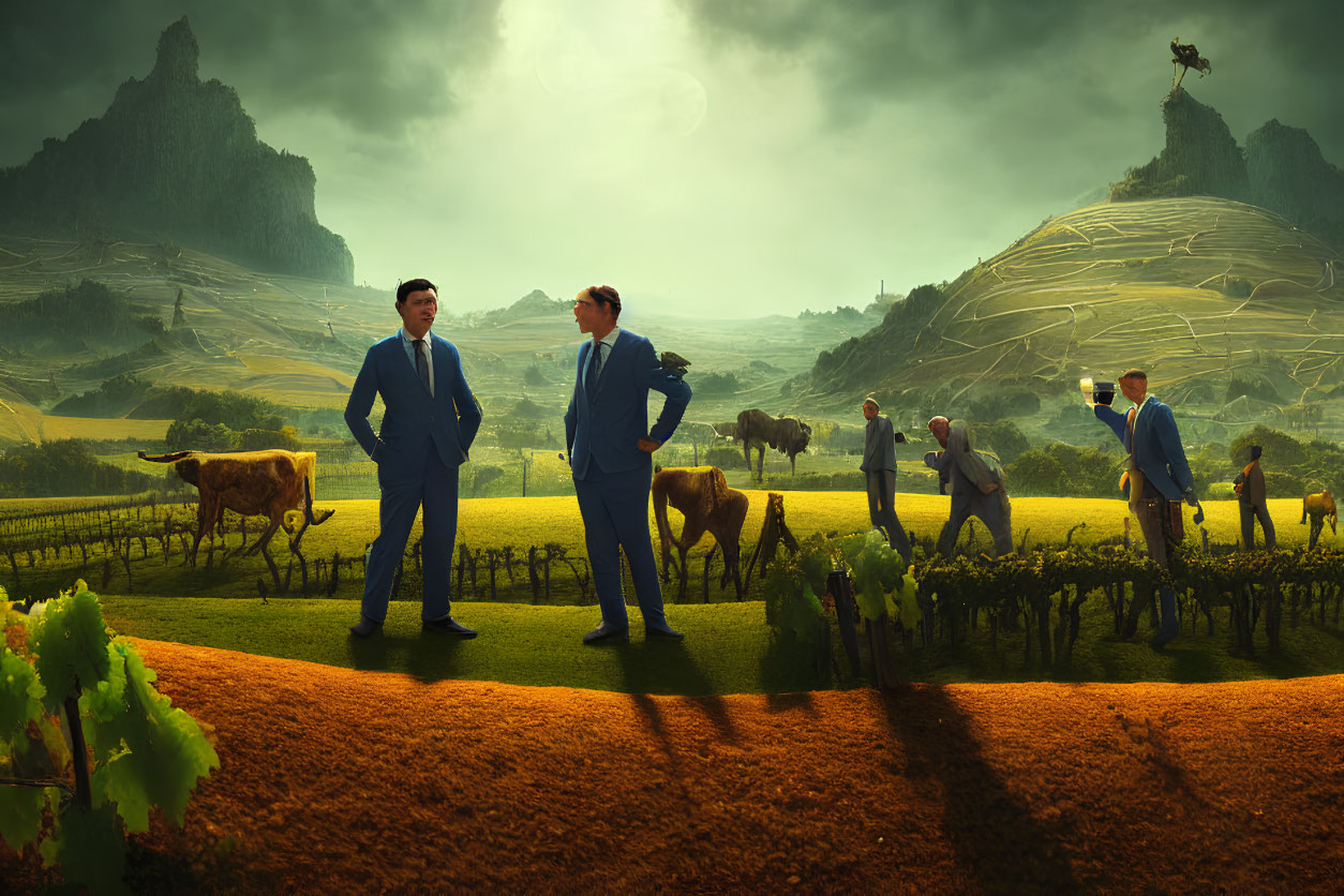 Men in suits in surreal rural landscape with cattle and vineyards.