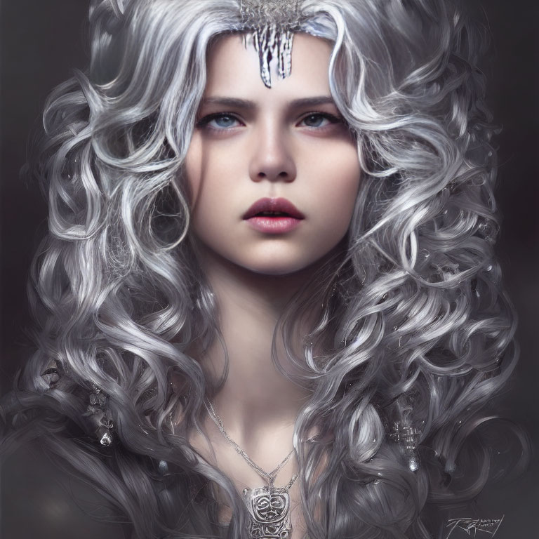 Silver-haired woman with blue eyes, forehead jewel, and silver necklace