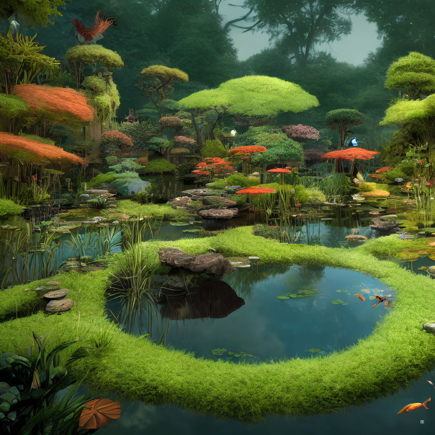 Fantastical garden with oversized foliage, mushrooms, pond, fish, and misty trees