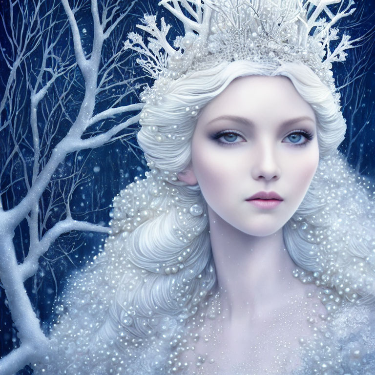 Ethereal woman with icy blue eyes and frost tiara in snowy setting