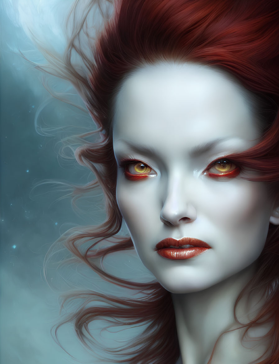 Digital artwork: Woman with fiery red hair and yellow-orange eyes on misty blue background