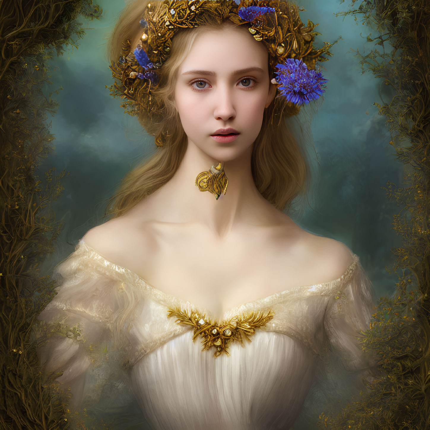 Ethereal woman portrait with golden floral crown and vine-like ambiance