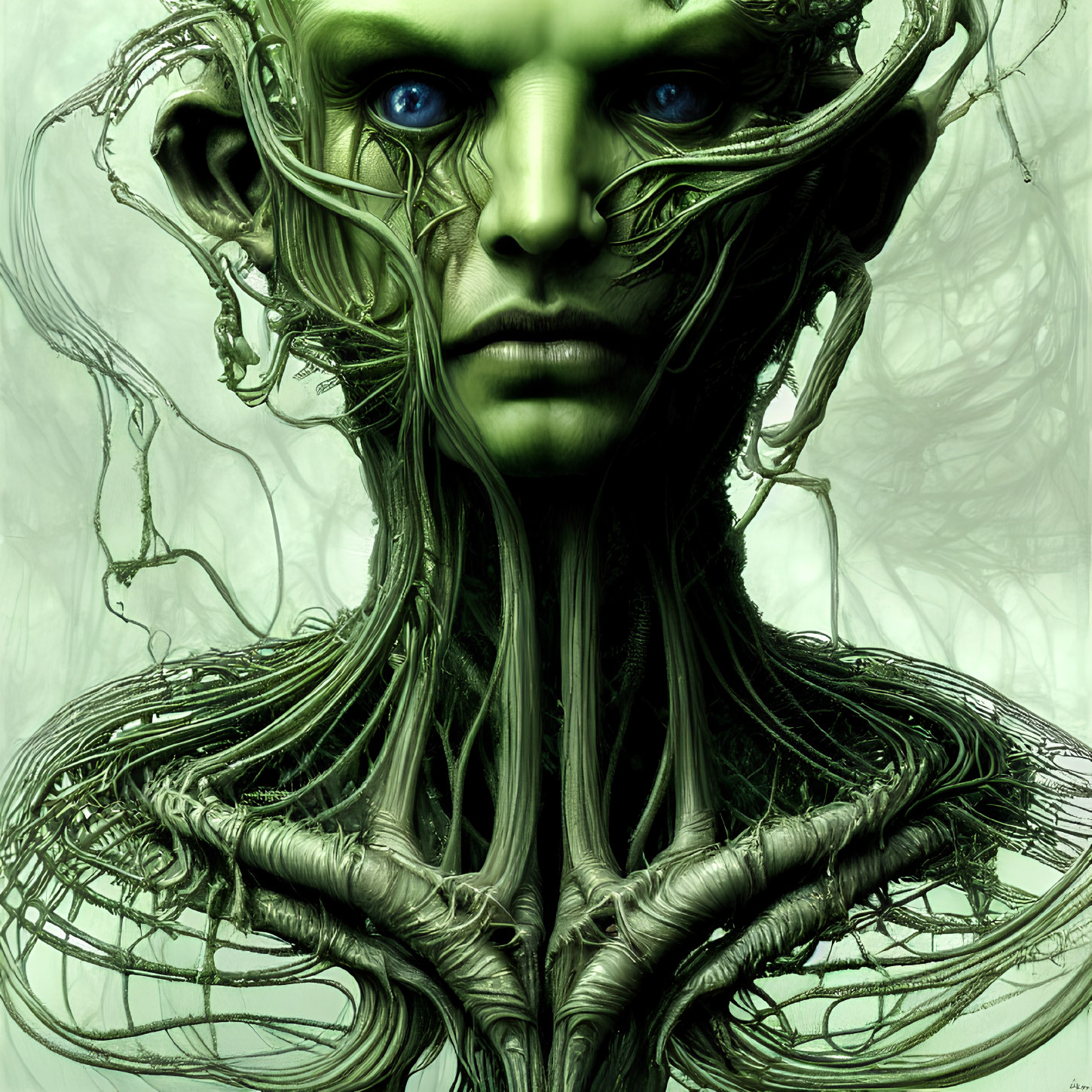 Digital artwork of creature with blue skin, glowing eyes, and tree-like extensions on green backdrop