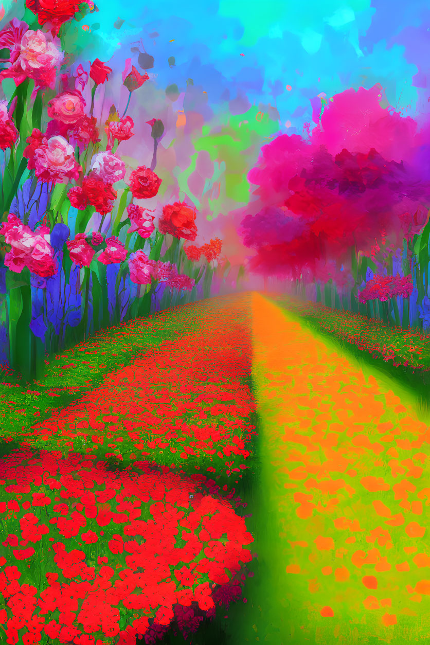 Colorful digital painting of flower-lined path under dreamy sky