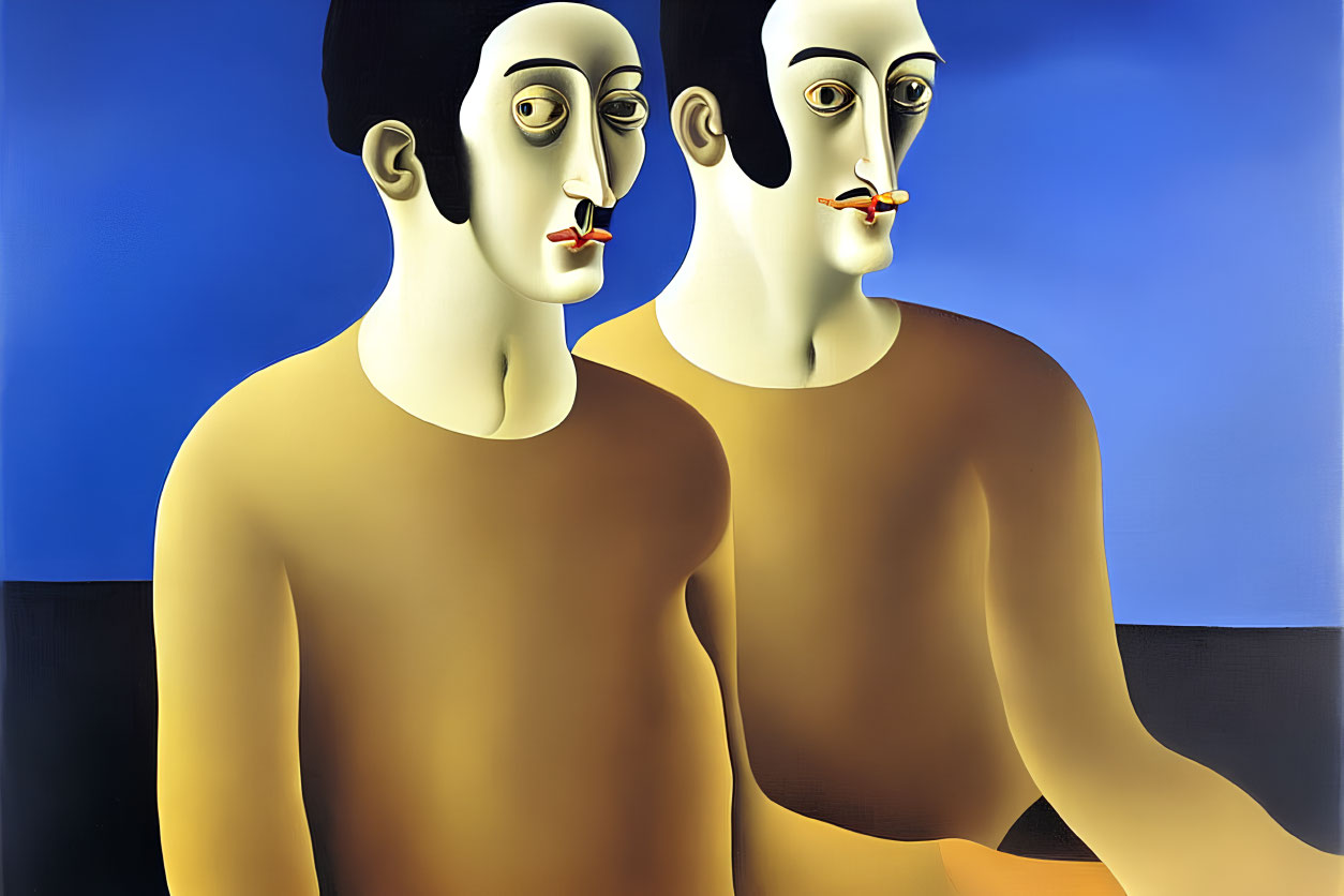 Stylized figures with elongated faces against blue background, featuring exposed upper bodies and red flowers.