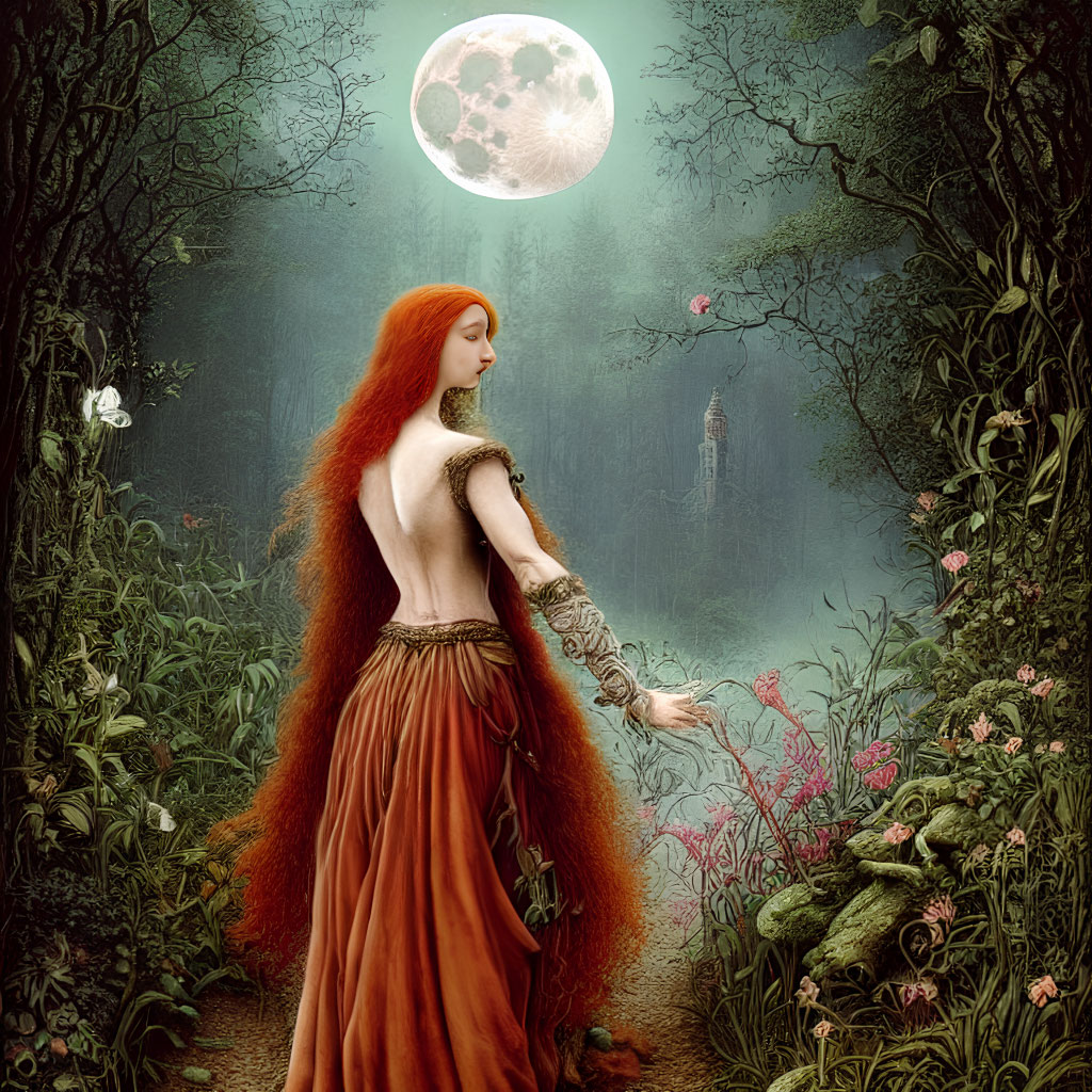 Red-haired woman in orange dress in enchanted forest under full moon