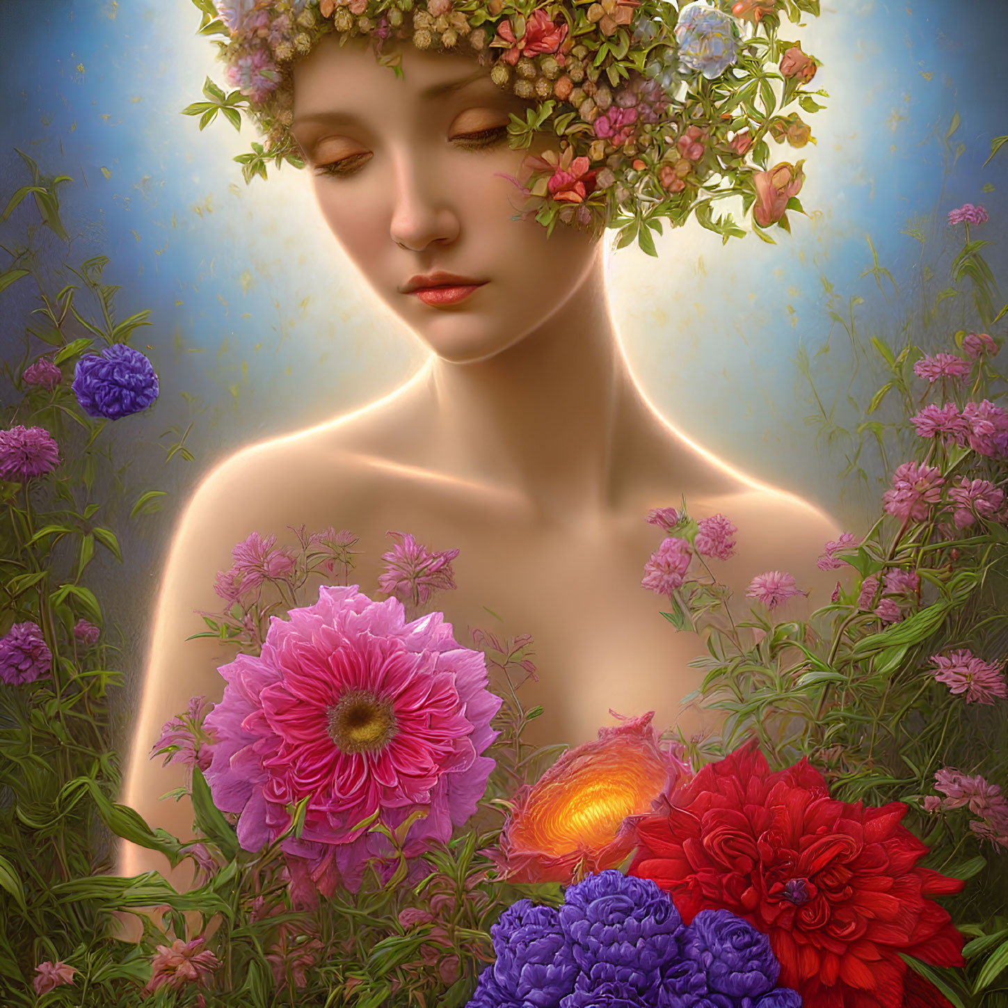 Serene woman with flowers in hair surrounded by vibrant blossoms