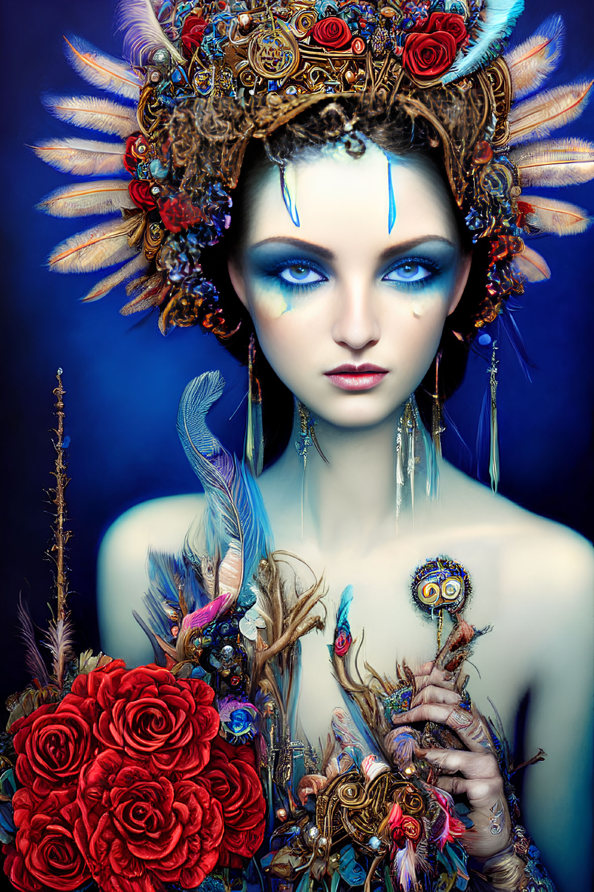 Elaborate steampunk-inspired woman portrait with gears, feathers, roses, vibrant makeup, and