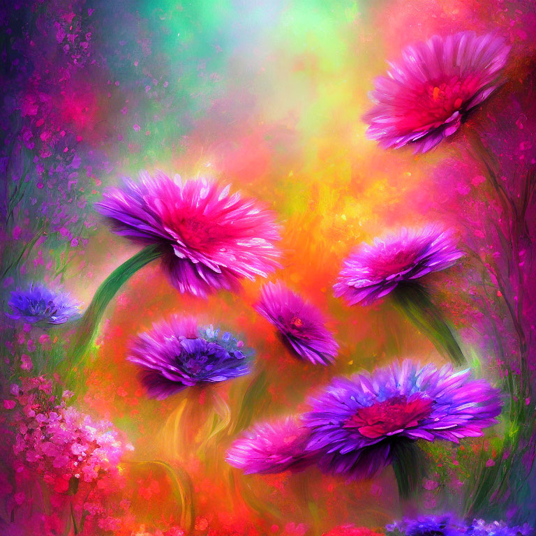 Colorful Artwork: Pink and Purple Flowers on Dreamy Background