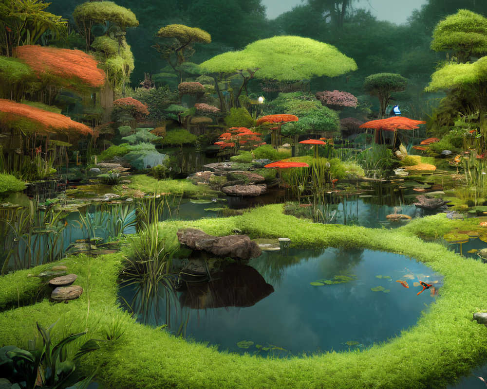 Fantastical garden with oversized foliage, mushrooms, pond, fish, and misty trees