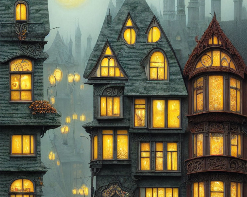 Victorian-style houses under full moon in misty, amber-lit evening