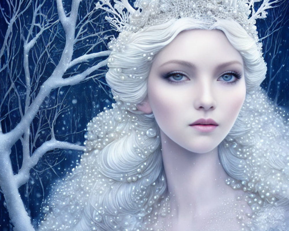 Ethereal woman with icy blue eyes and frost tiara in snowy setting