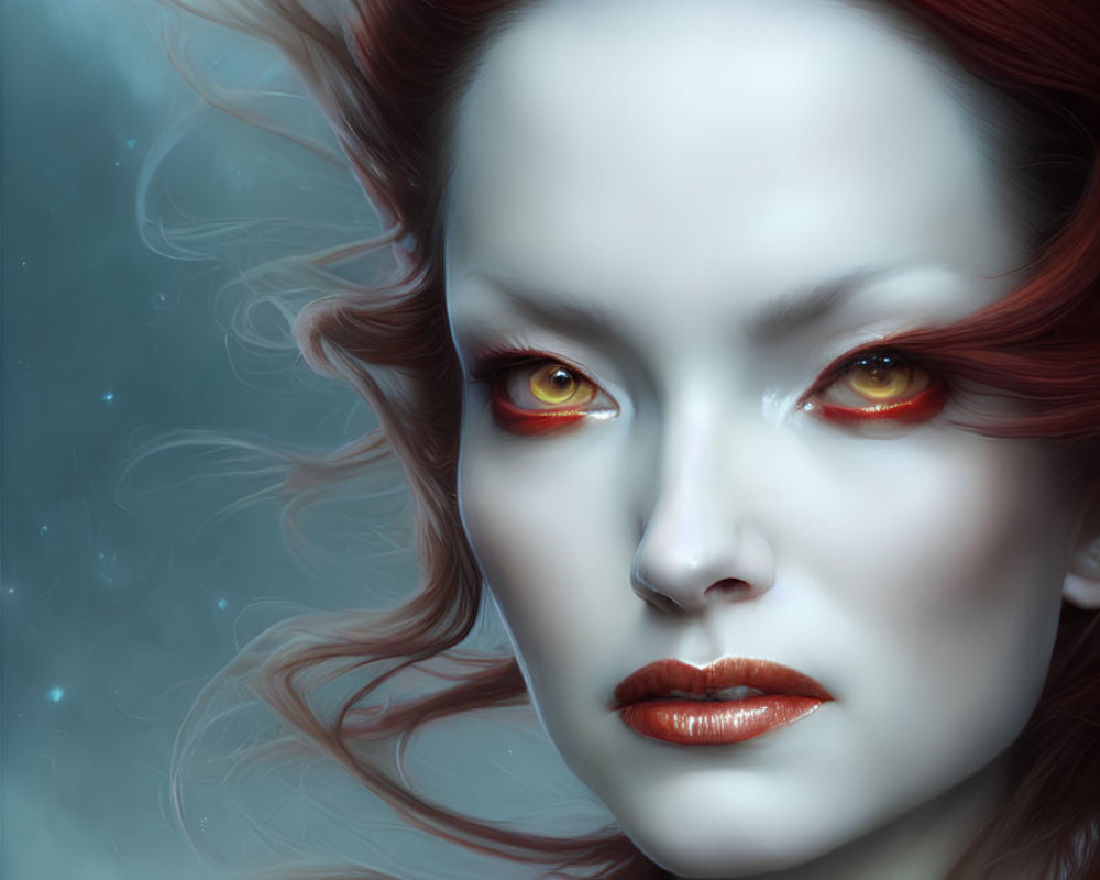 Digital artwork: Woman with fiery red hair and yellow-orange eyes on misty blue background