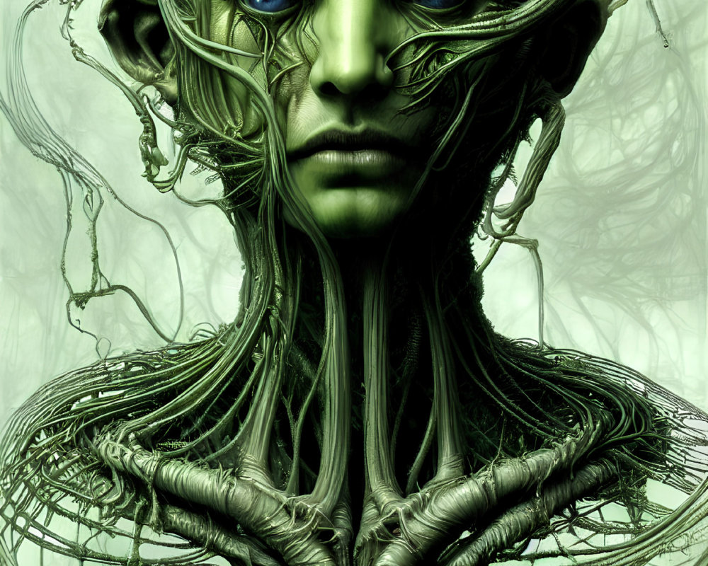 Digital artwork of creature with blue skin, glowing eyes, and tree-like extensions on green backdrop