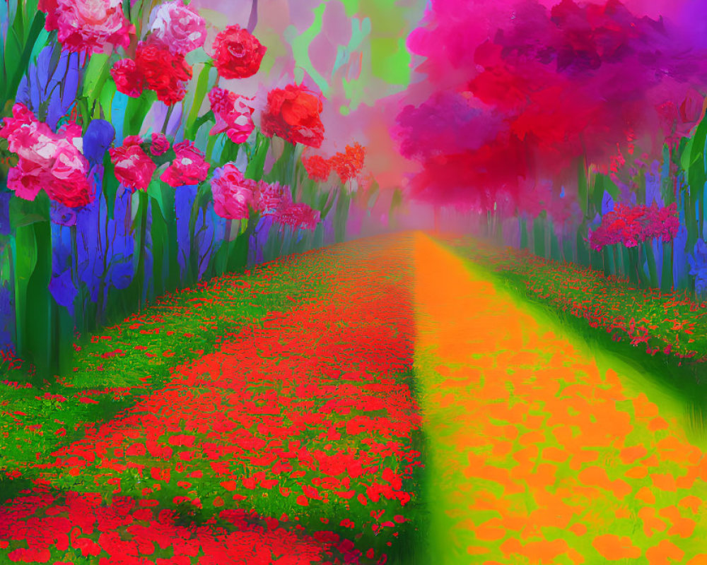 Colorful digital painting of flower-lined path under dreamy sky