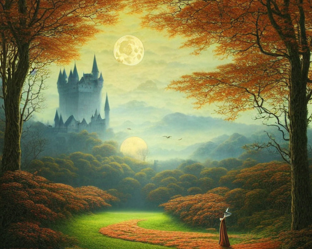 Person in cloak at start of winding autumn forest path with castle under full moon