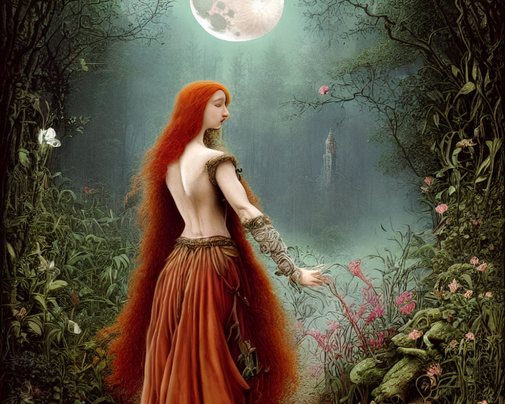 Red-haired woman in orange dress in enchanted forest under full moon