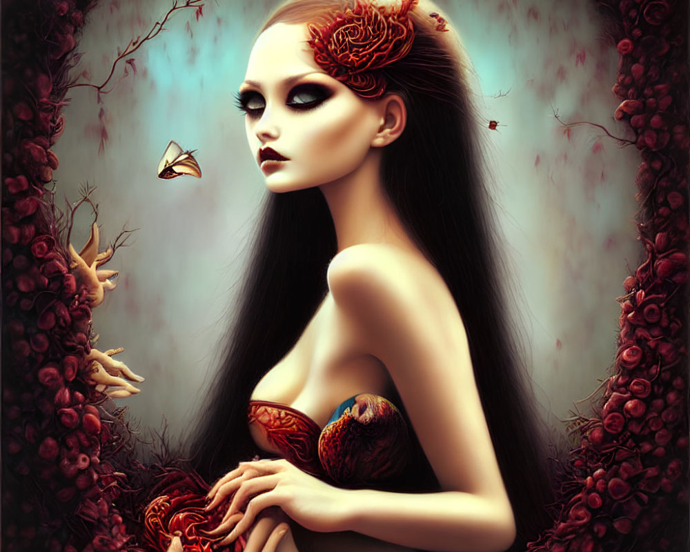 Pale-skinned woman in dark eyes, surrounded by thicket, holding object, with butterflies and red