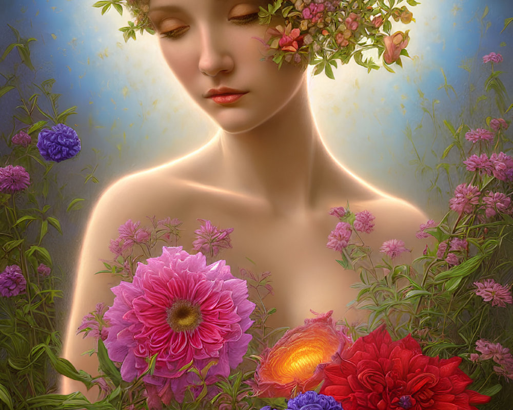 Serene woman with flowers in hair surrounded by vibrant blossoms