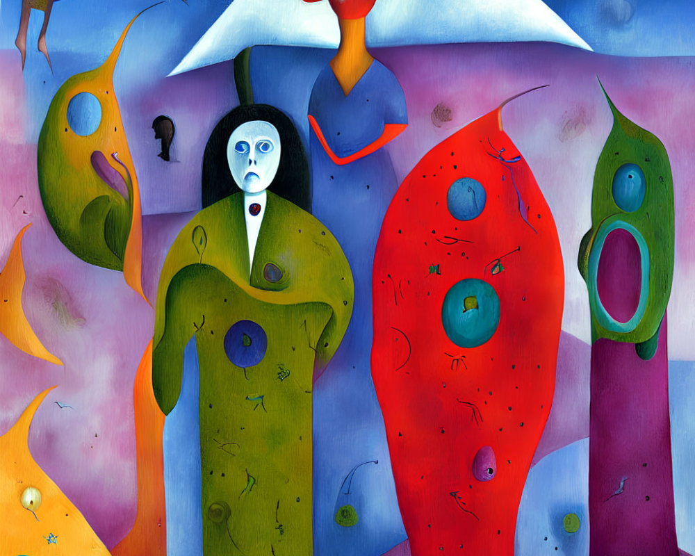 Vibrant Abstract Painting of Whimsical Characters on Blue Background