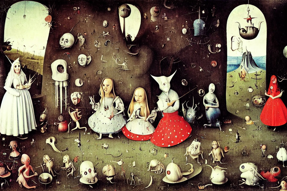 Fantastical surrealistic painting with anthropomorphic creatures in vivid colors