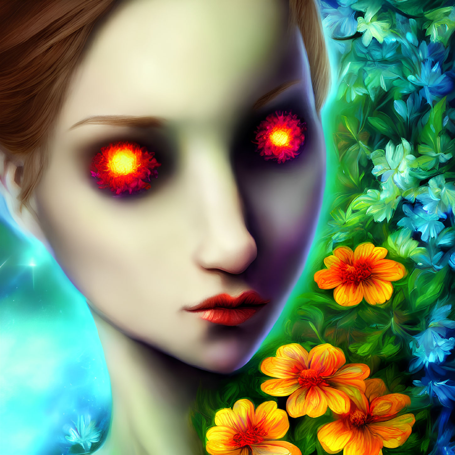 Digital artwork: Female figure with fiery red eyes in colorful flower garden