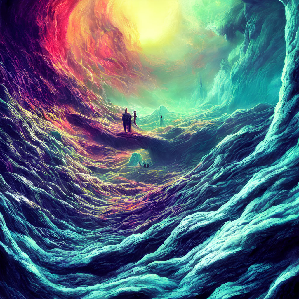 Colorful surreal landscape with figures and swirling patterns under a luminous sky