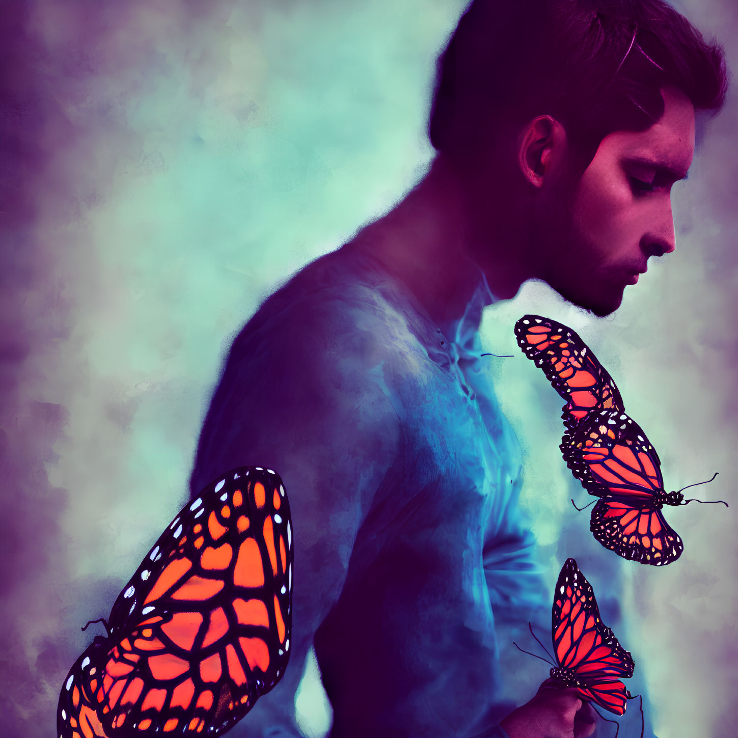 Man with somber expression merges into smoke with monarch butterflies on vibrant orange background