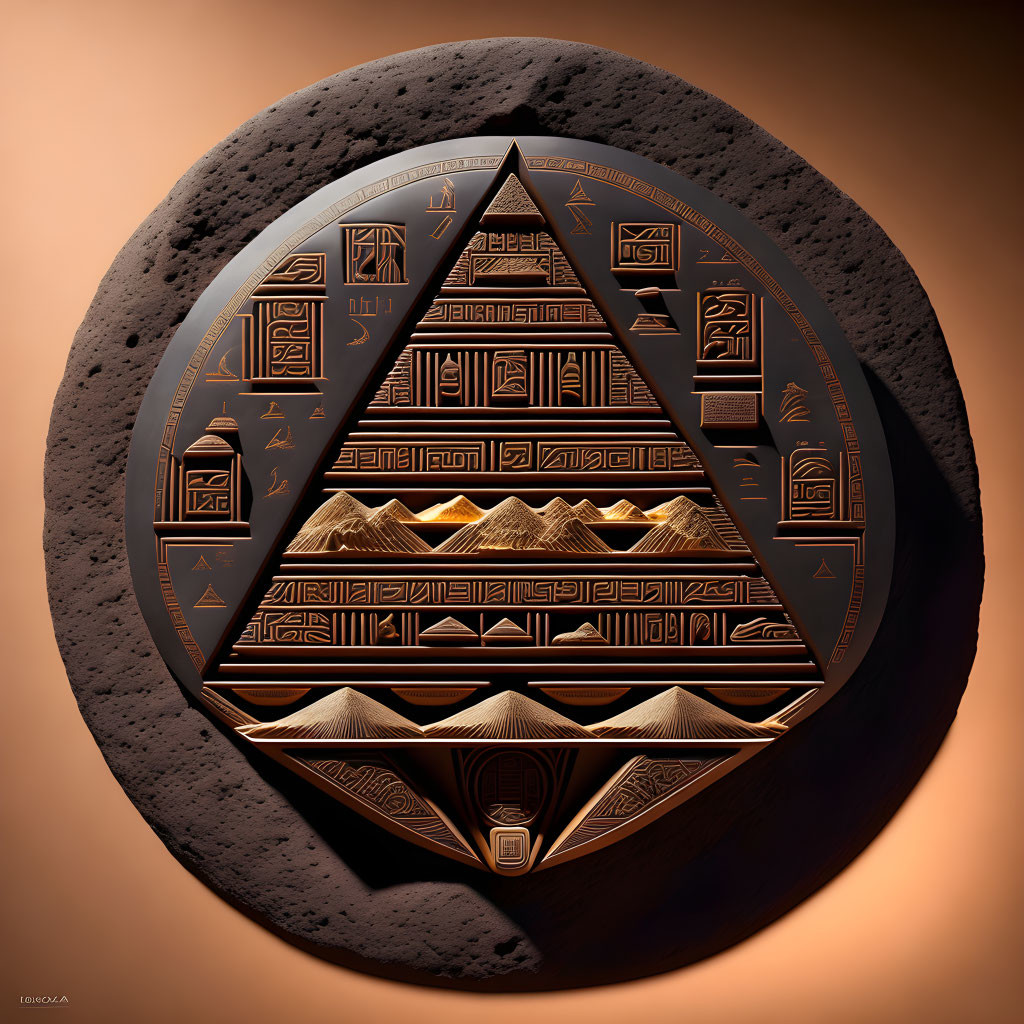 Egyptian-themed Artwork with Hieroglyphs and Pyramids in Oval Frame