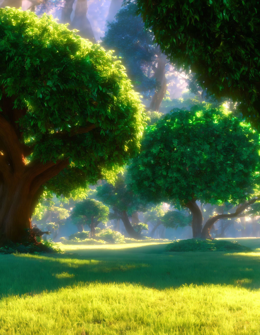 Sunlight filtering through lush green forest, casting warm glow on grass and vibrant tree leaves