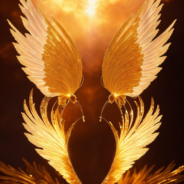 Golden feathered wings against fiery background: A celestial and dramatic image