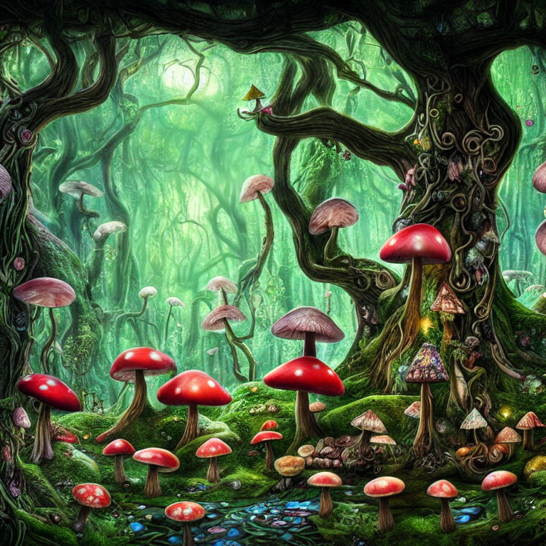 Mystical forest scene with red-capped mushrooms, ancient trees, green backdrop, and a yellow