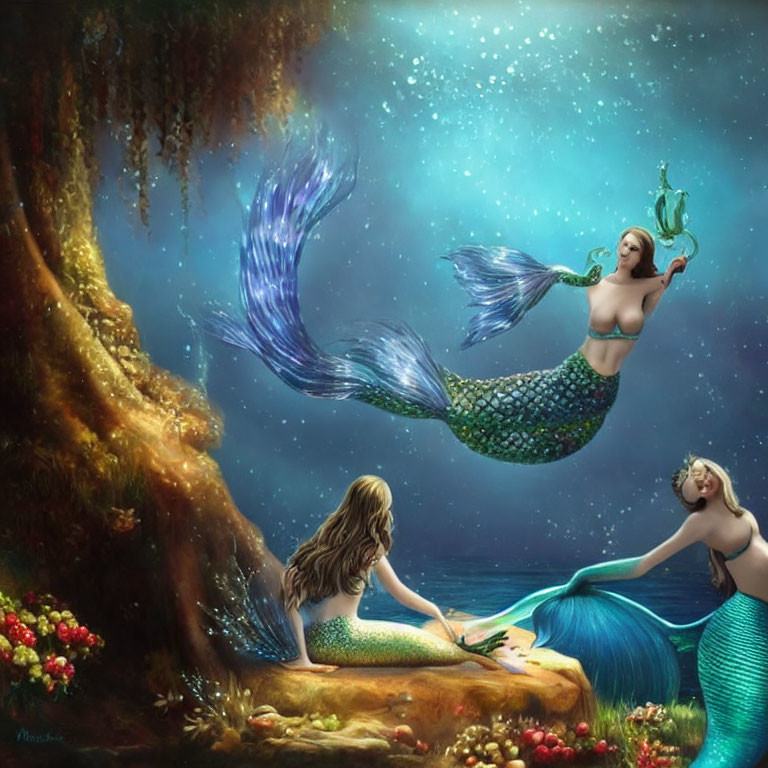 Three mermaids in a starlit underwater setting