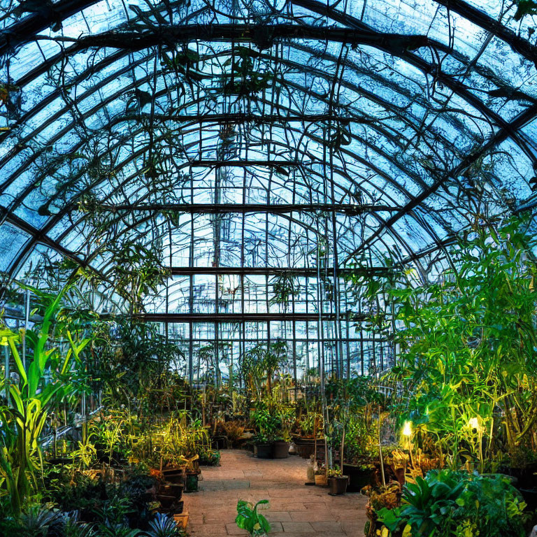 Greenhouse with Curved Glass Ceiling and Lush Green Plants at Dusk