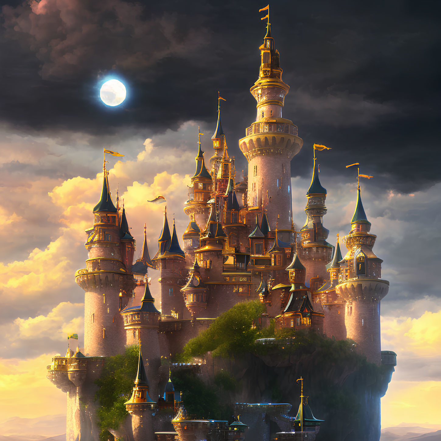 Majestic fantasy castle on rocky cliff at sunset