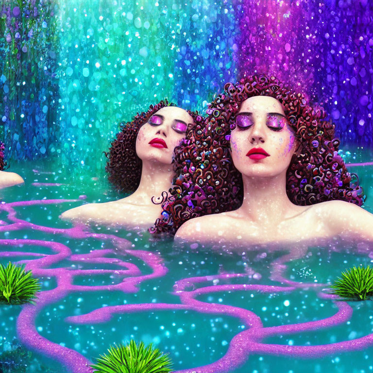 Surreal image of two women with curly dark hair in vibrant pond