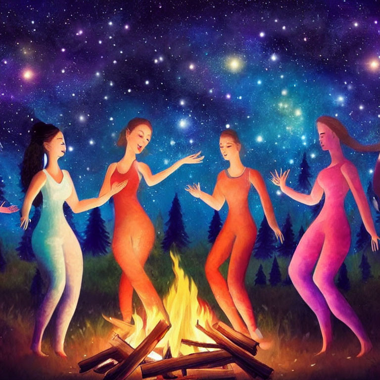 Stylized women dancing around campfire under starry sky