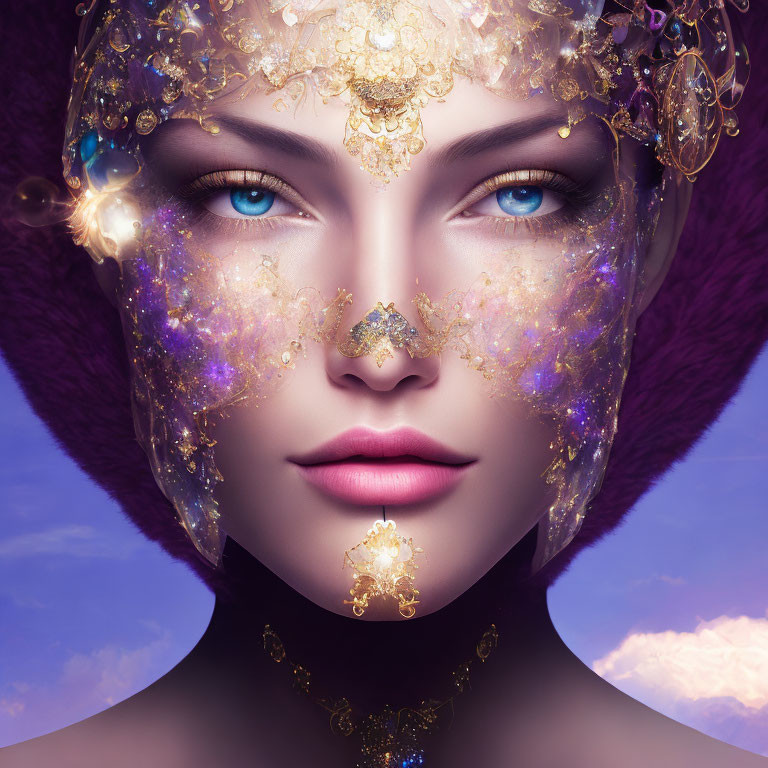 Blue-eyed woman in gold filigree mask and glitter on purple background