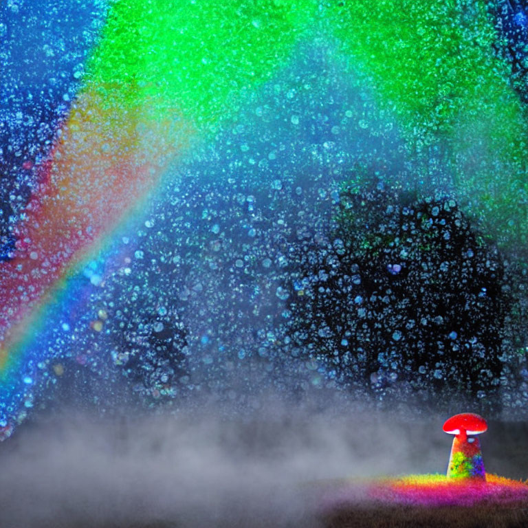 Colorful rainbow over mushroom in misty setting with water droplets