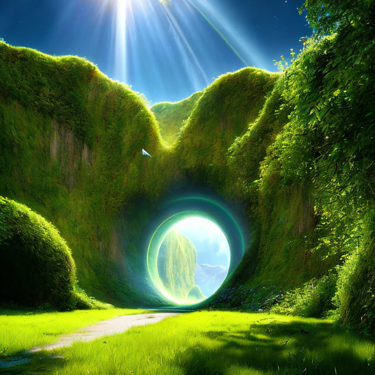 Lush green fantasy landscape with circular tunnel and glowing portal