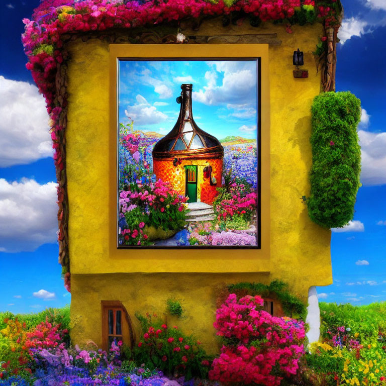 Colorful surreal artwork: Yellow house with floral frame leading to cottage and blooming flowers under blue sky