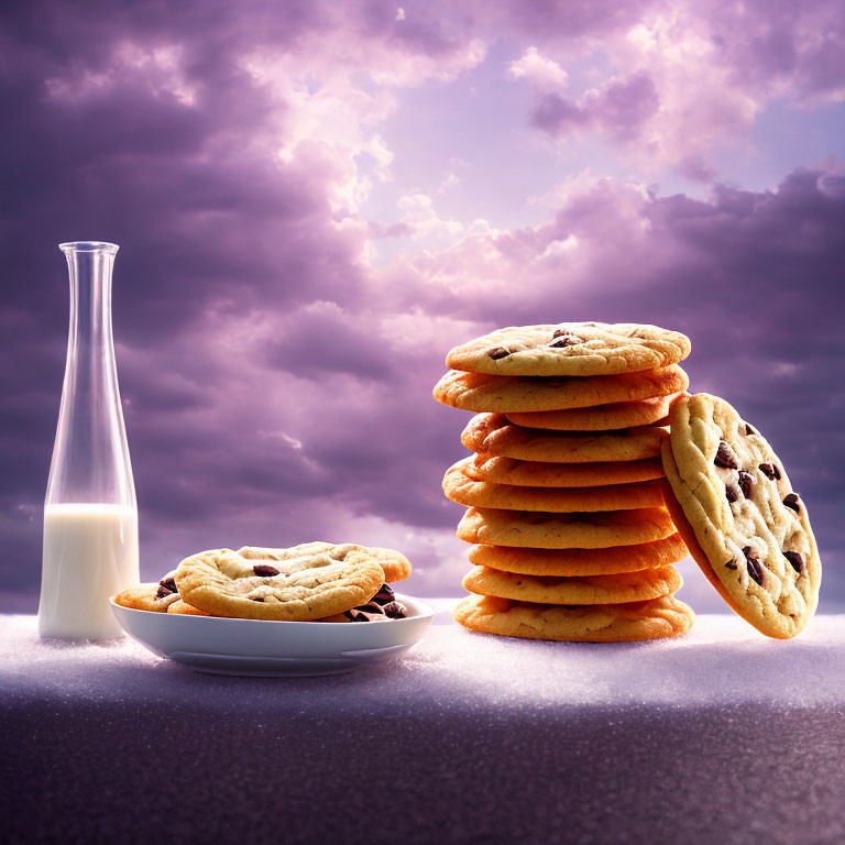 Milk Bottle and Chocolate Chip Cookies Against Purple Cloudy Sky