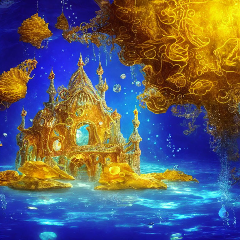 Golden structure in underwater scene with jellyfish and bubbles