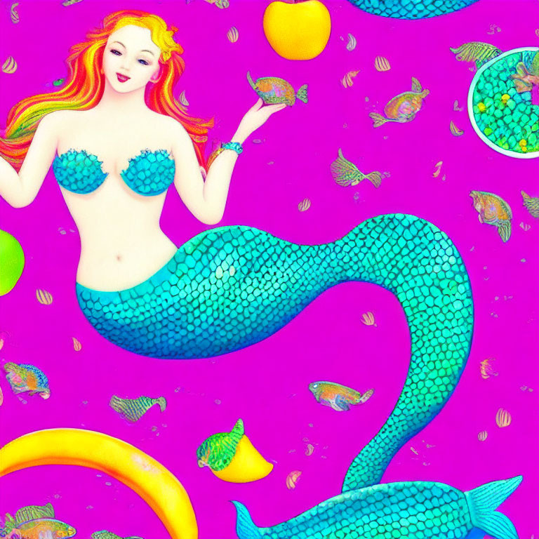 Colorful Mermaid Illustration with Red Hair and Teal Tail on Pink Background