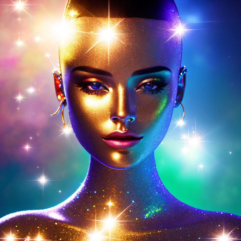 Multicolored skin and vibrant makeup in digital art